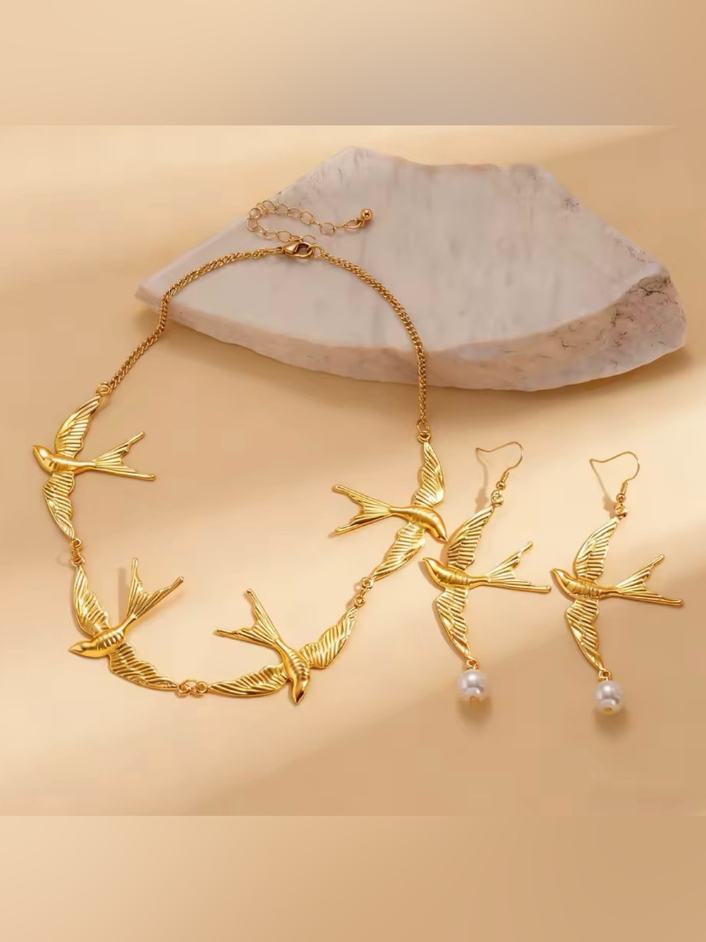 Gold Swallow Bird Necklace & Earrings Set | Pearl Drop Statement Jewelry